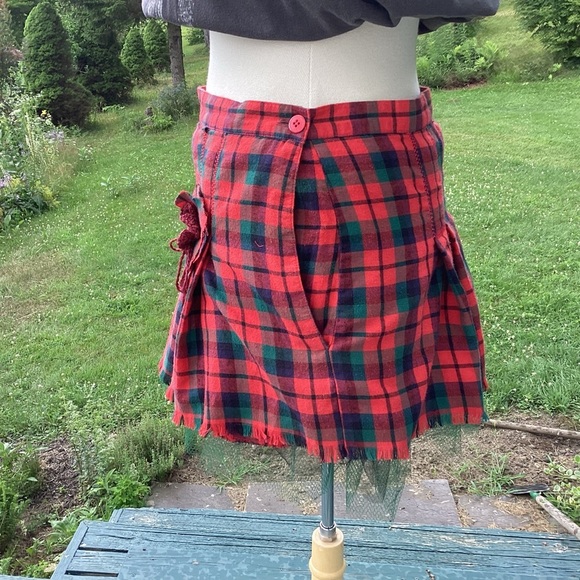 Upcycled vintage Orvis red plaid pleated mini skirt/net crinoline pockets Sz Med - Picture 5 of 14